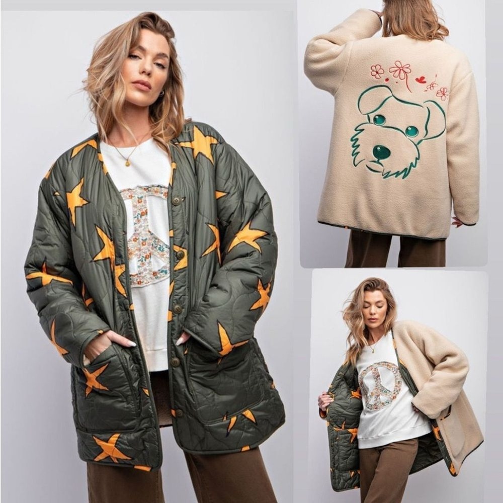 Easel Reversible Quilted Star Jacket Sherpa Dog Embroidered Olive Cream‎ NEW LG